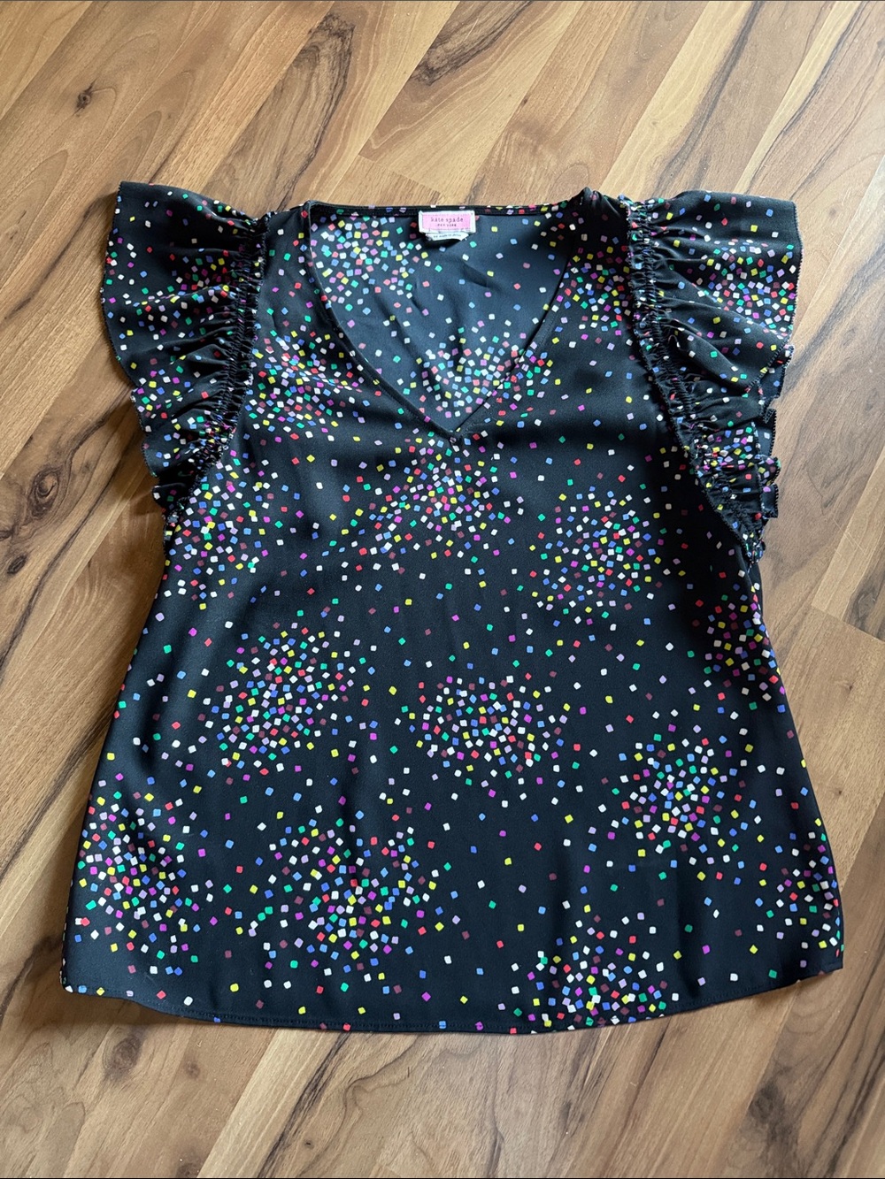 kate spade Black Confetti Dot Ruffle Sleeve V-Neck Top